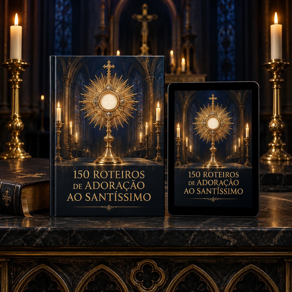 Livro digital e tablet 150 Roteiros de Adoração ao Santíssimo em cenário de igreja